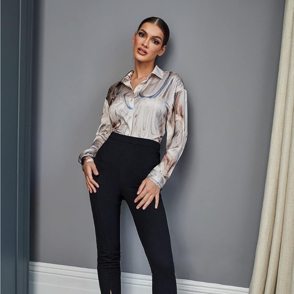 XL Satin Long Sleeve Button Up Down Blouse Marble Streak Print - Picture 2 of 5